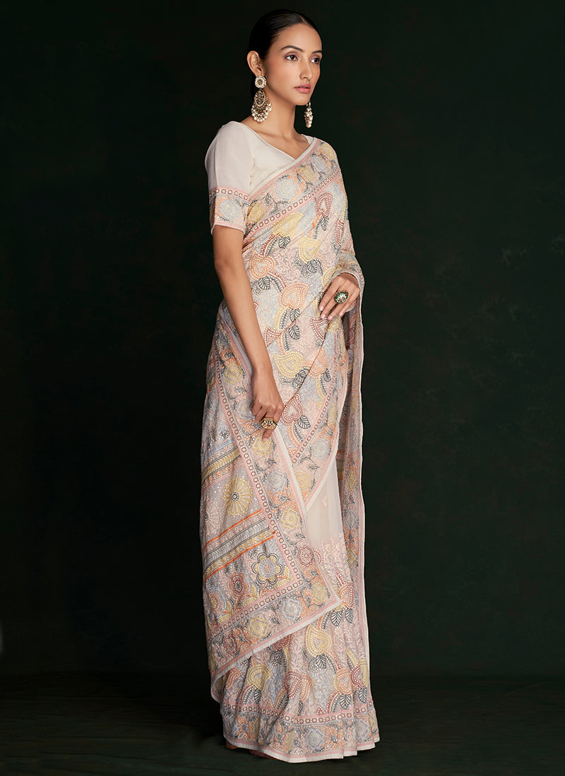 White And Peach Embroidery Lucknowi Saree