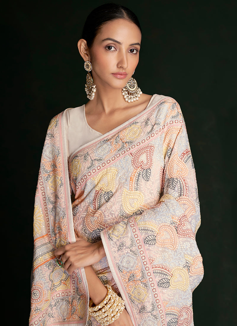 White And Peach Embroidery Lucknowi Saree