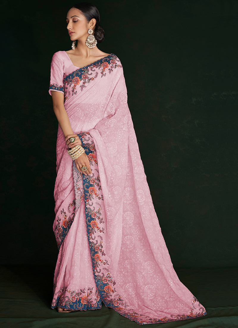 Rich Pink Multi Embroidery Lucknowi Saree