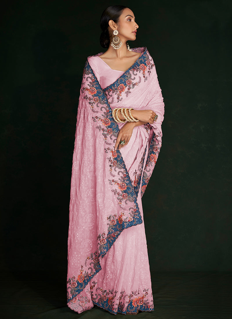 Rich Pink Multi Embroidery Lucknowi Saree