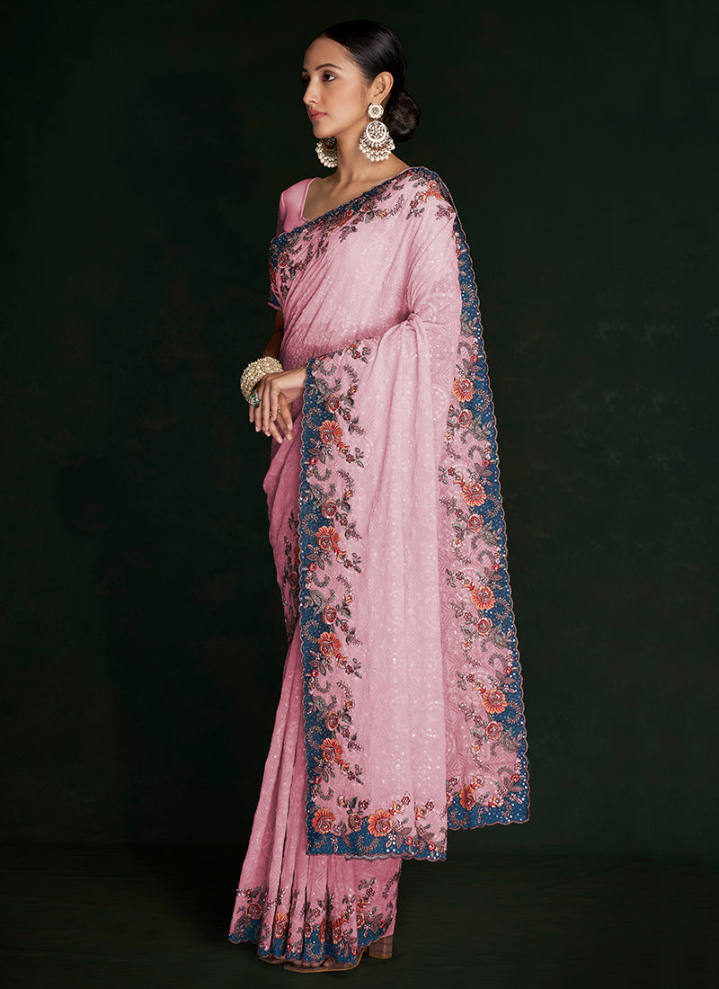 Rich Pink Multi Embroidery Lucknowi Saree