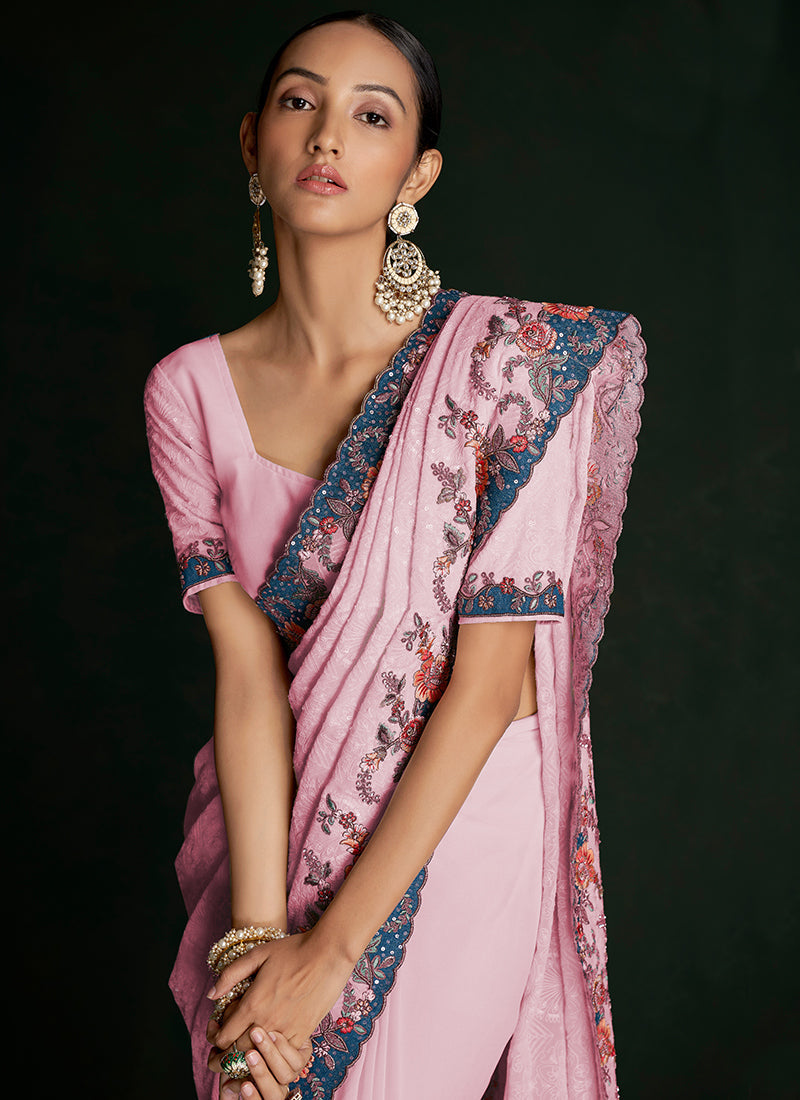 Rich Pink Multi Embroidery Lucknowi Saree