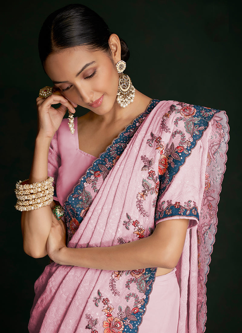 Rich Pink Multi Embroidery Lucknowi Saree