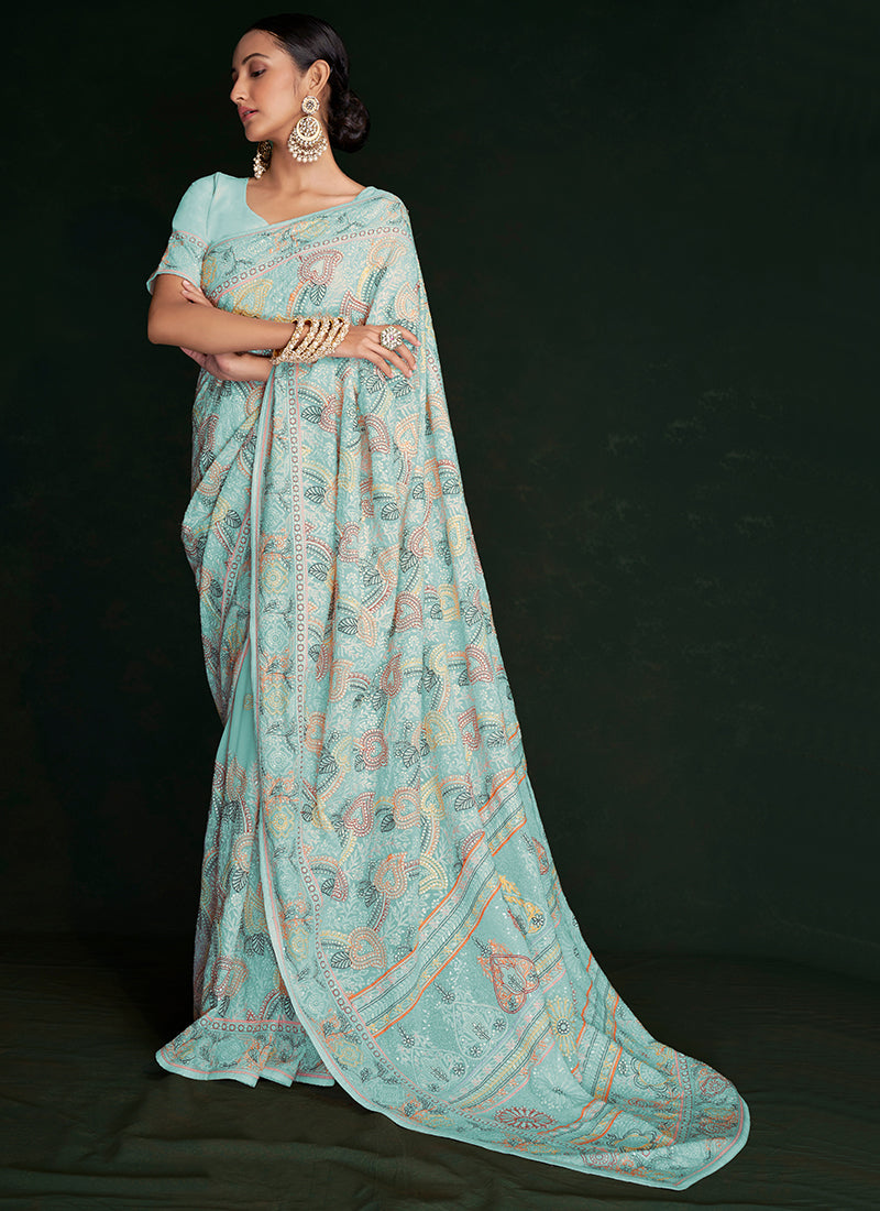 Sky Blue Embroidery Lucknowi Saree