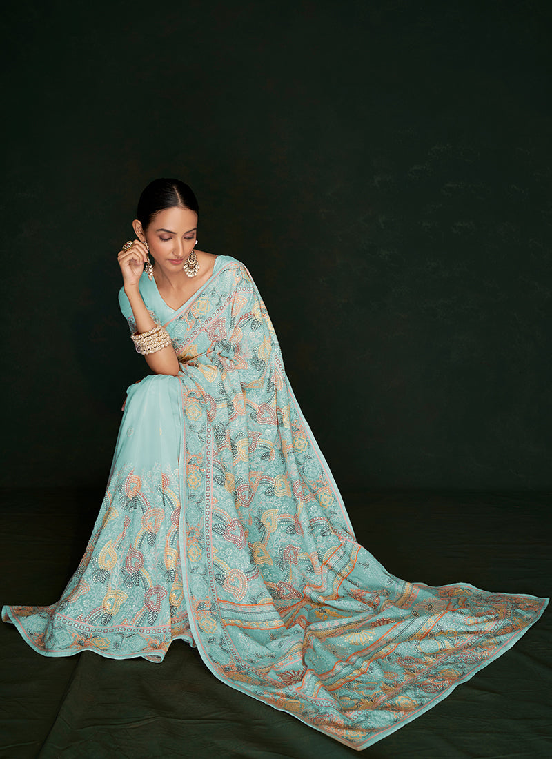 Sky Blue Embroidery Lucknowi Saree