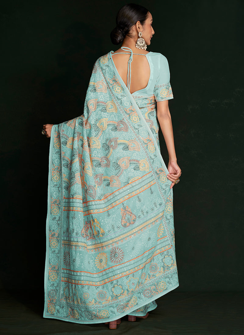 Sky Blue Embroidery Lucknowi Saree