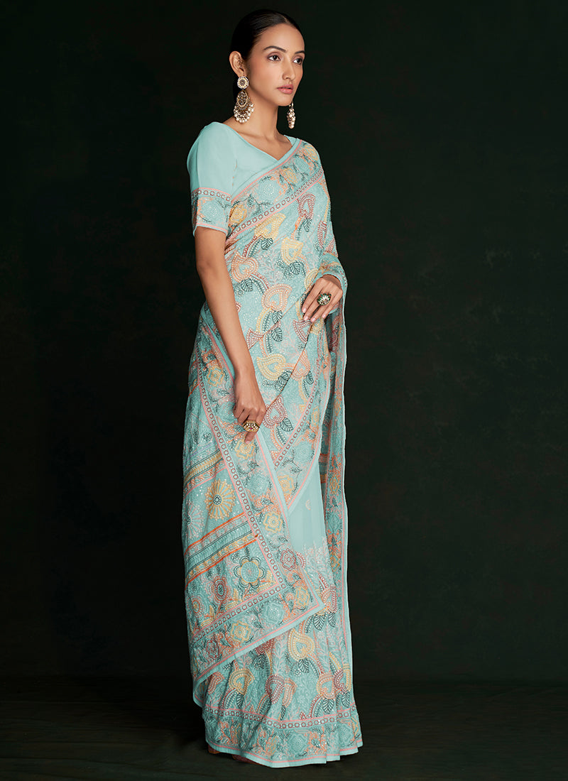 Sky Blue Embroidery Lucknowi Saree