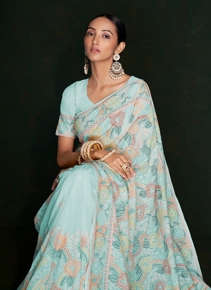 Sky Blue Embroidery Lucknowi Saree