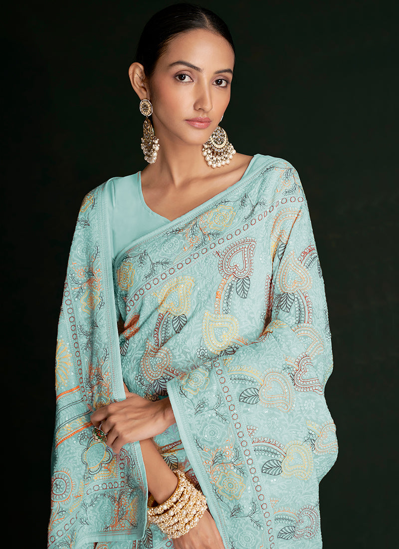 Sky Blue Embroidery Lucknowi Saree