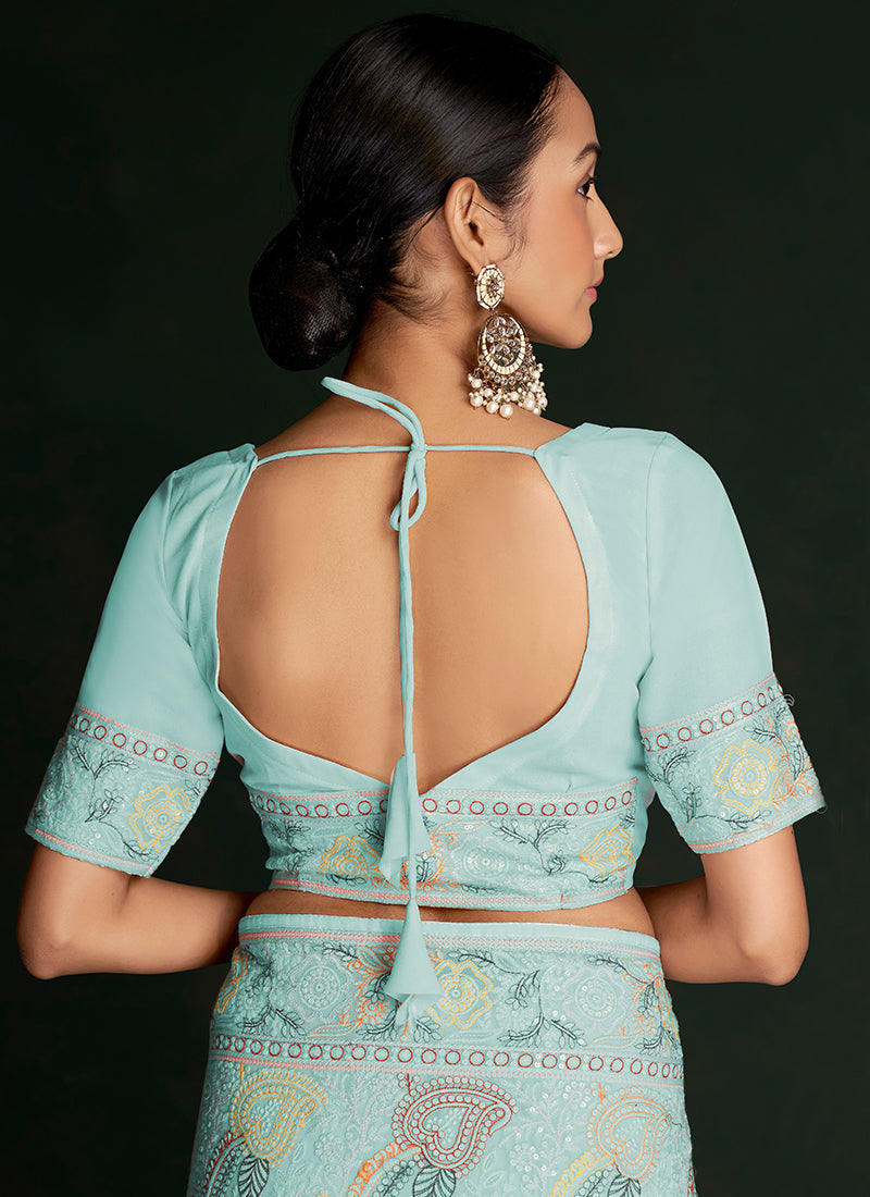 Sky Blue Embroidery Lucknowi Saree