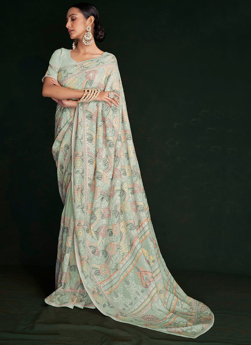 Pale Green Multi Embroidery Lucknowi Saree