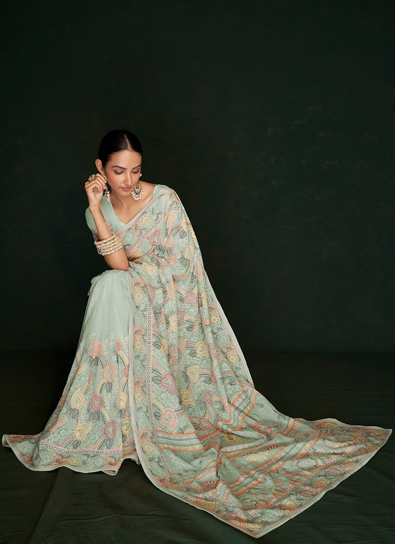 Pale Green Multi Embroidery Lucknowi Saree