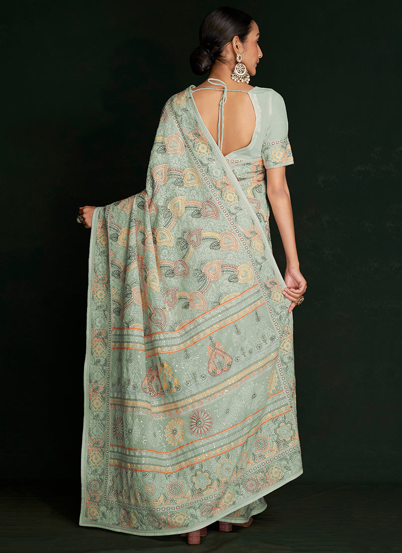 Pale Green Multi Embroidery Lucknowi Saree