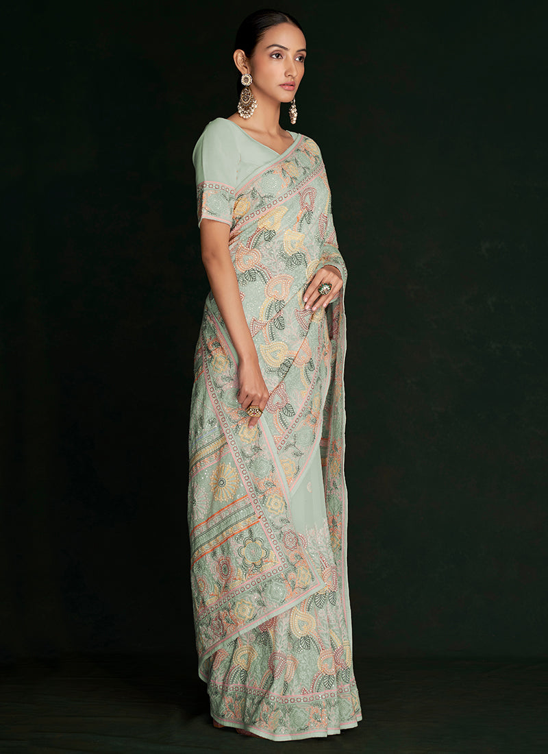 Pale Green Multi Embroidery Lucknowi Saree