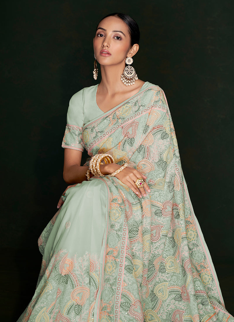 Pale Green Multi Embroidery Lucknowi Saree