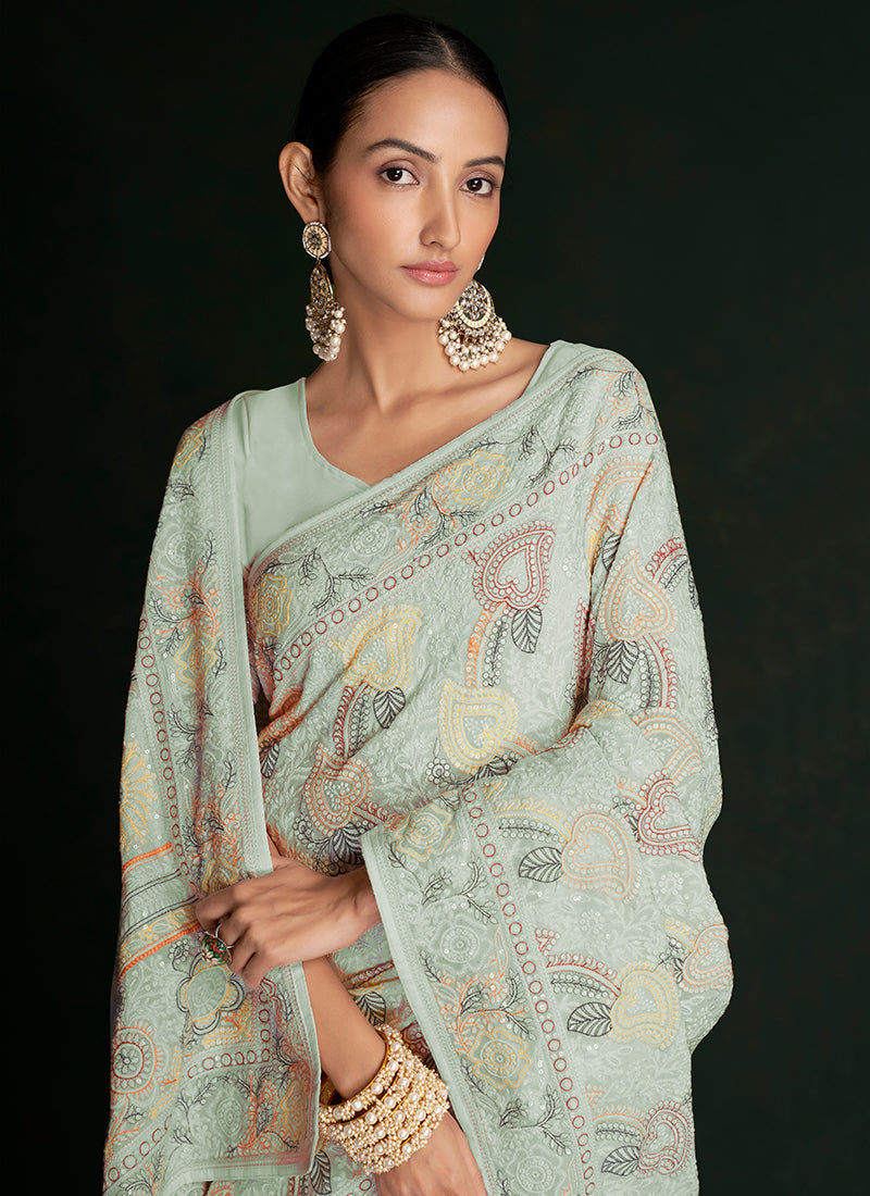 Pale Green Multi Embroidery Lucknowi Saree