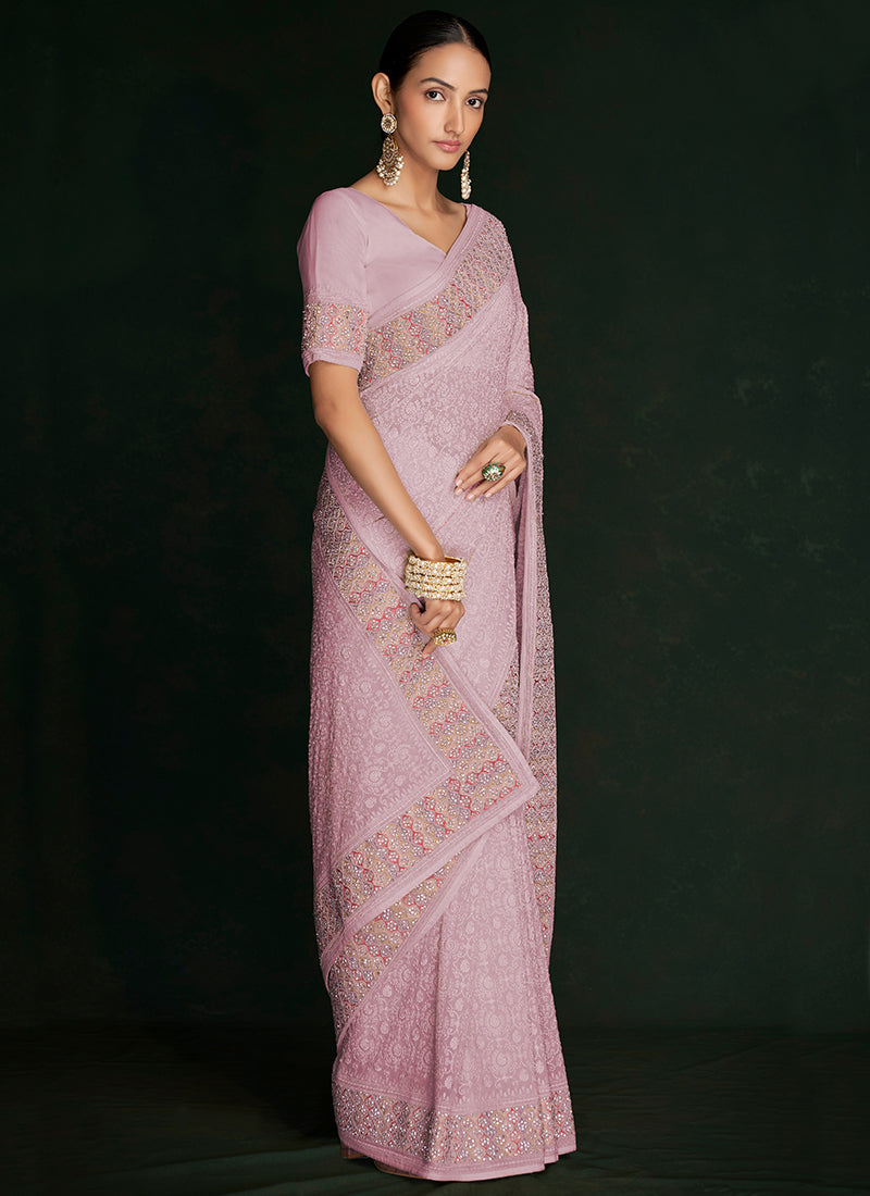 Pink Multi Embroidery Lucknowi Saree