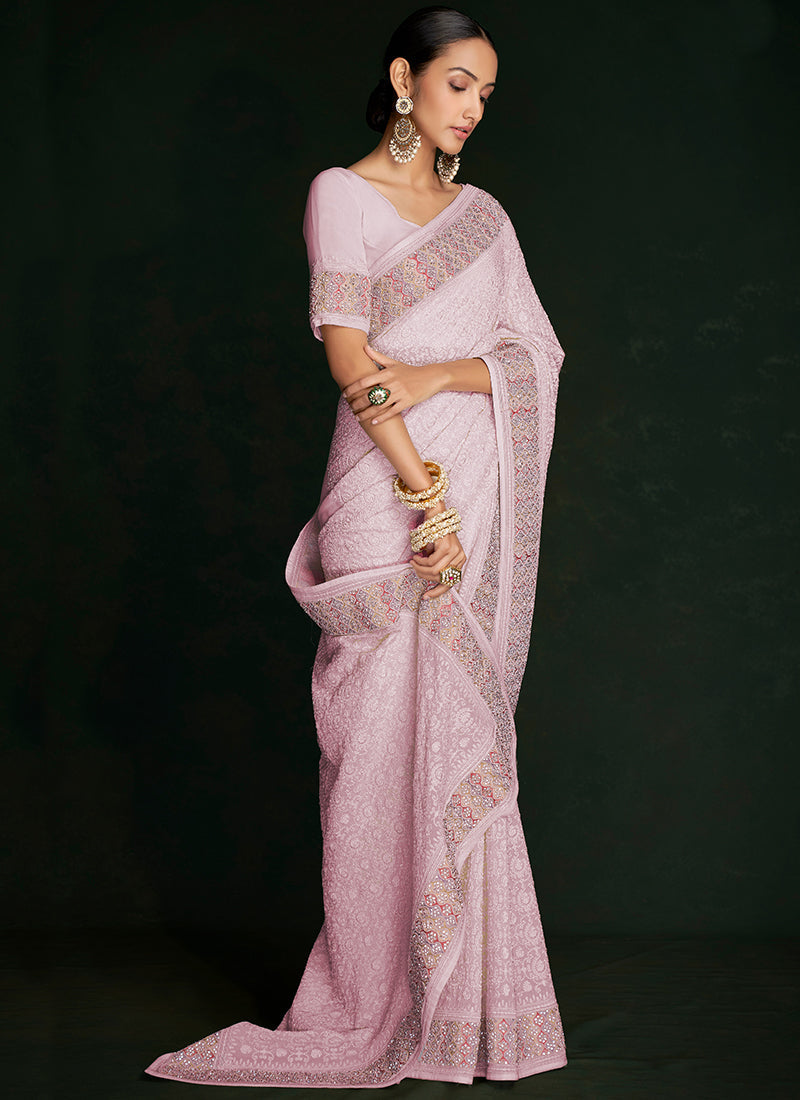 Pink Multi Embroidery Lucknowi Saree