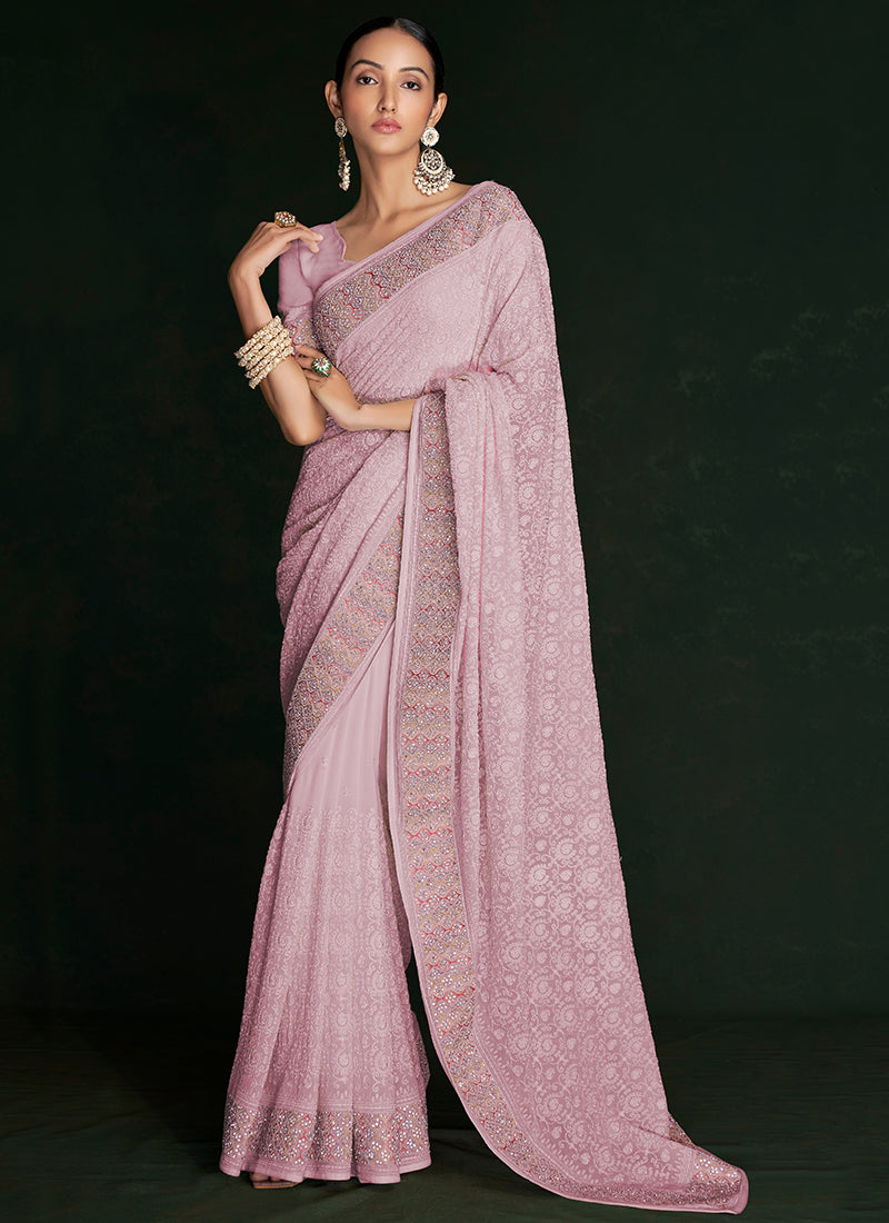 Pink Multi Embroidery Lucknowi Saree