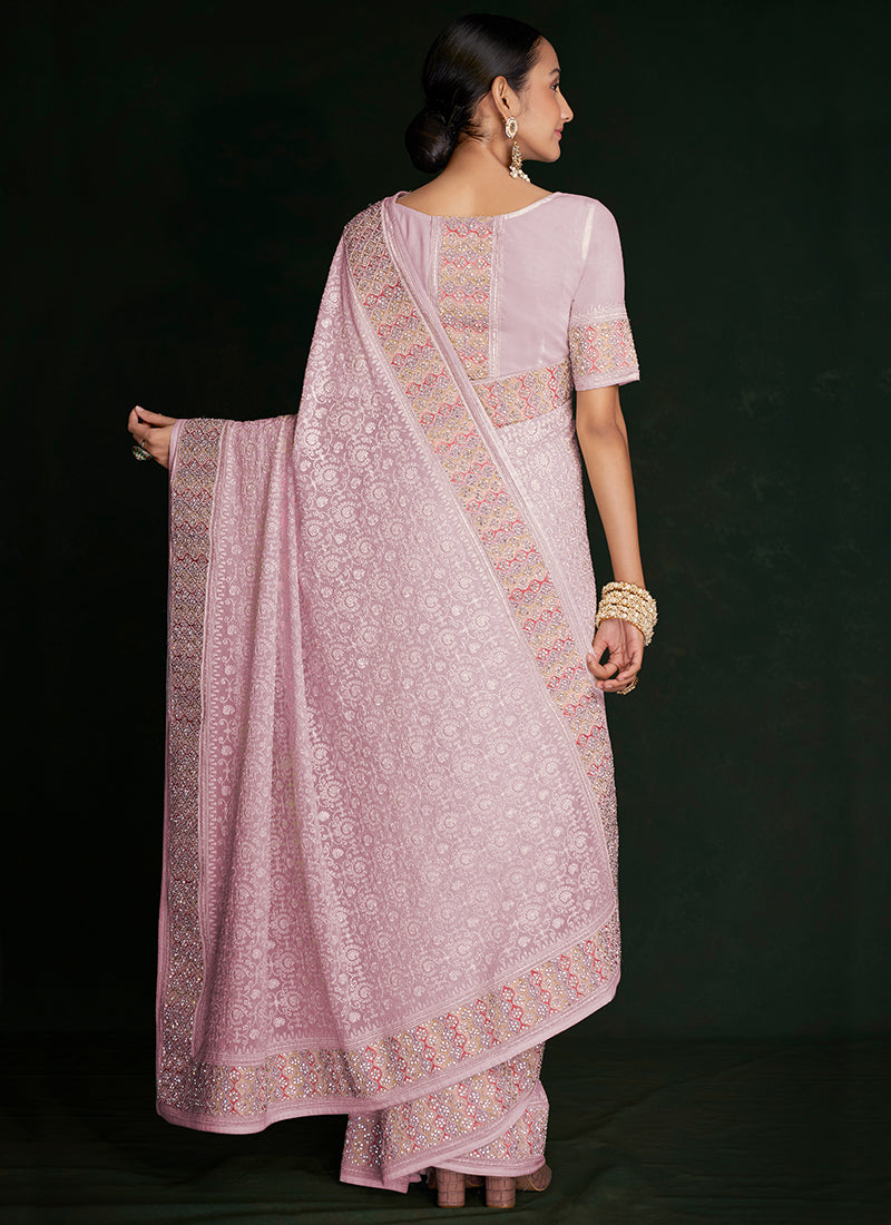 Pink Multi Embroidery Lucknowi Saree