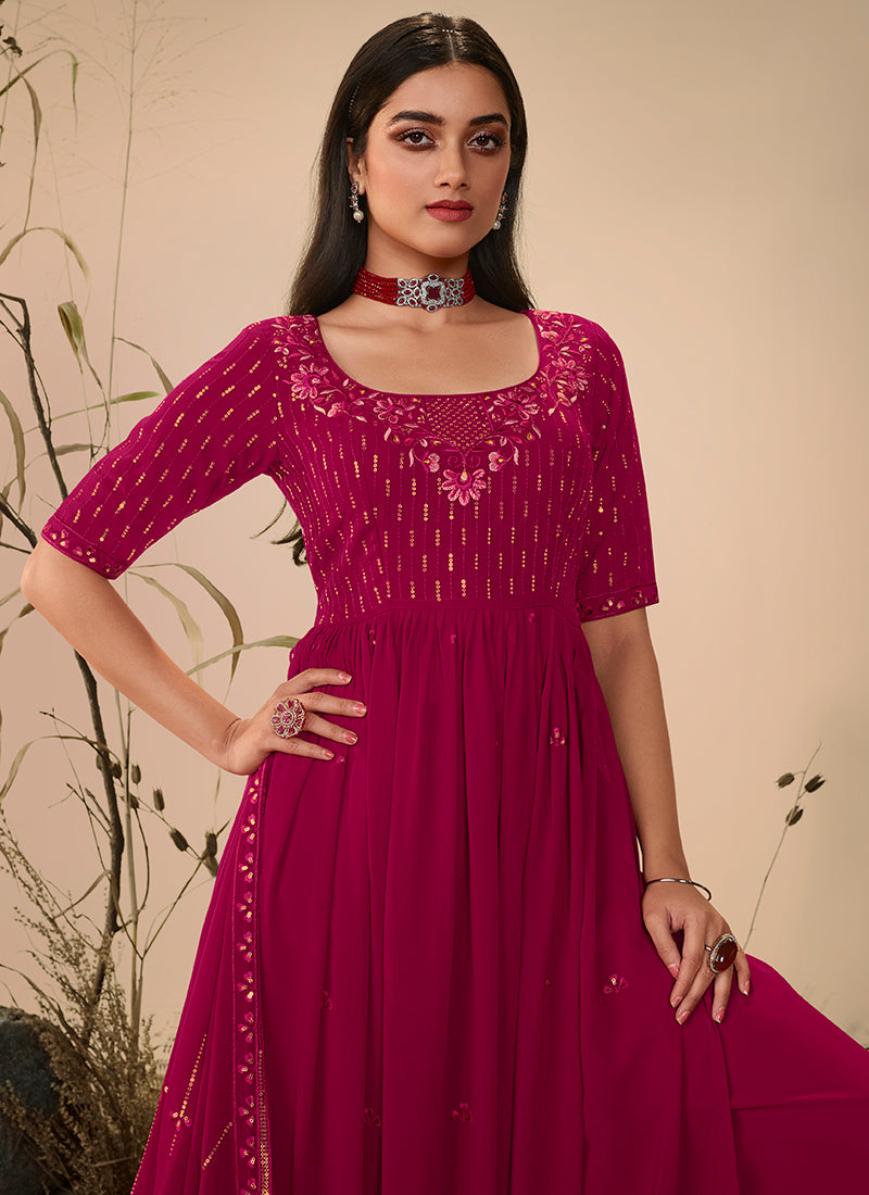 Magenta Sequence Embroidered Festive Palazzo Suit