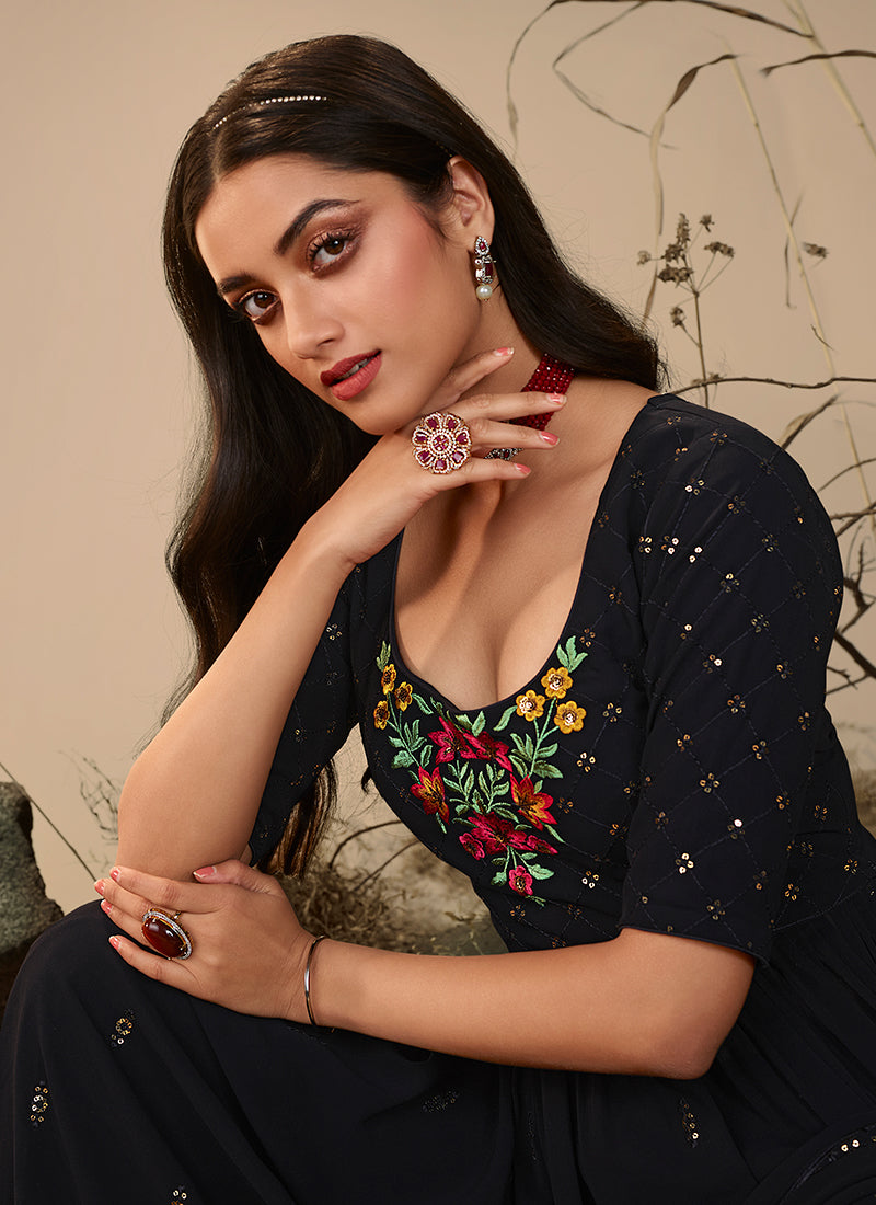 Dark Blue Sequence Embroidered Festive Palazzo Suit