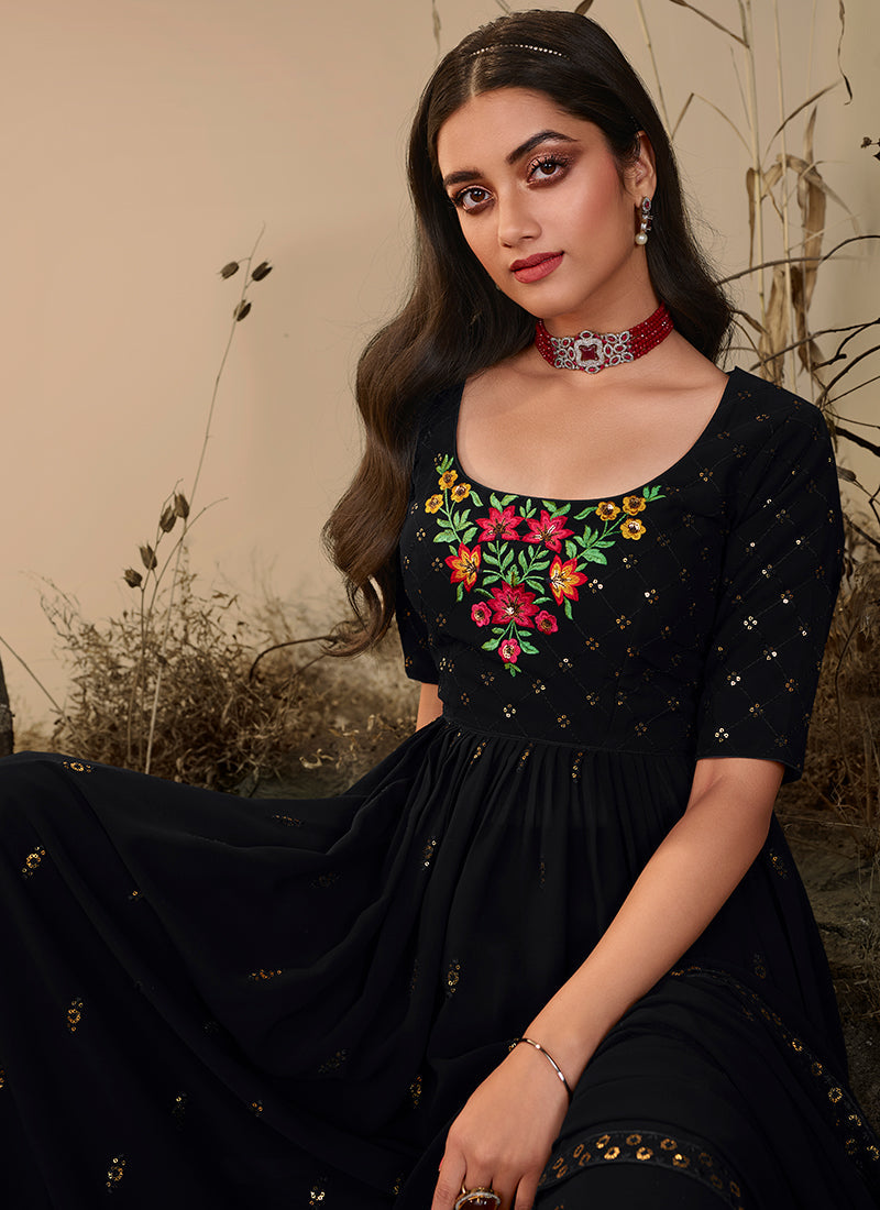 Black Sequence Embroidered Festive Palazzo Suit