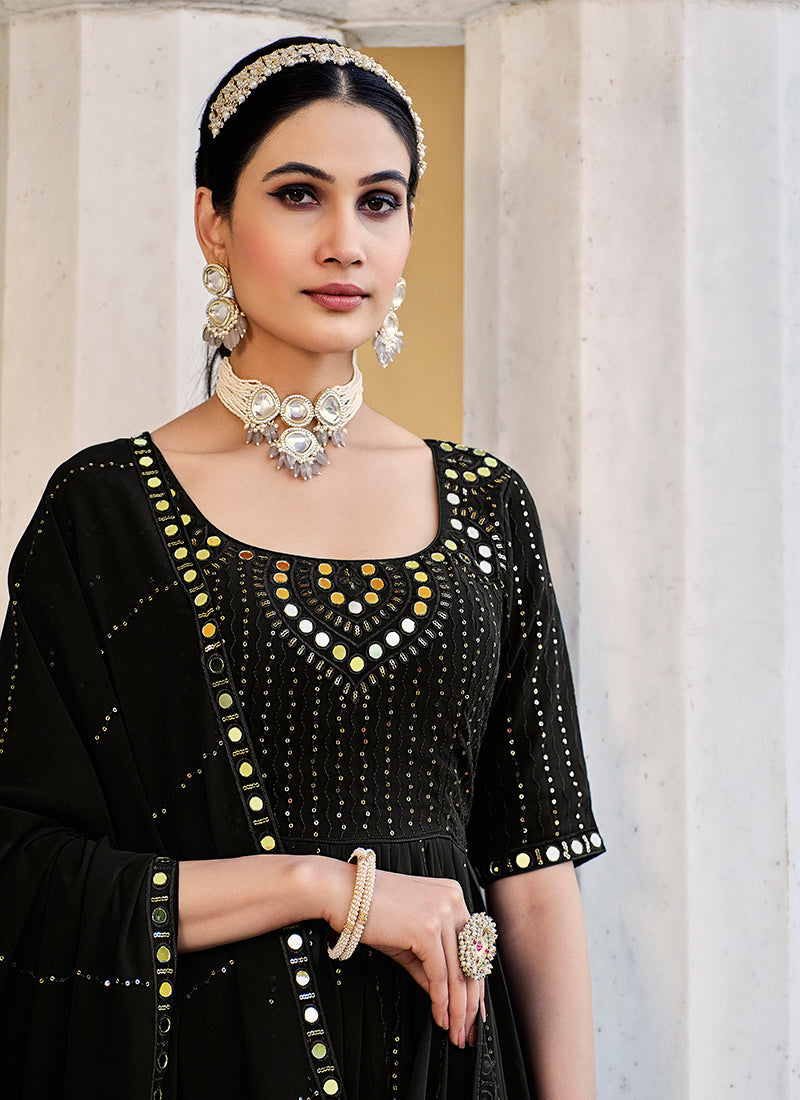 Black Mirror Work Embroidery Pleated Anarkali Palazzo Suit