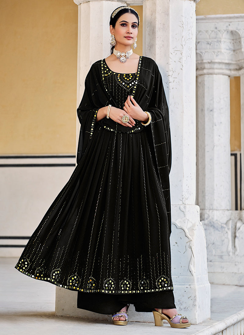 Black Mirror Work Embroidery Pleated Anarkali Palazzo Suit