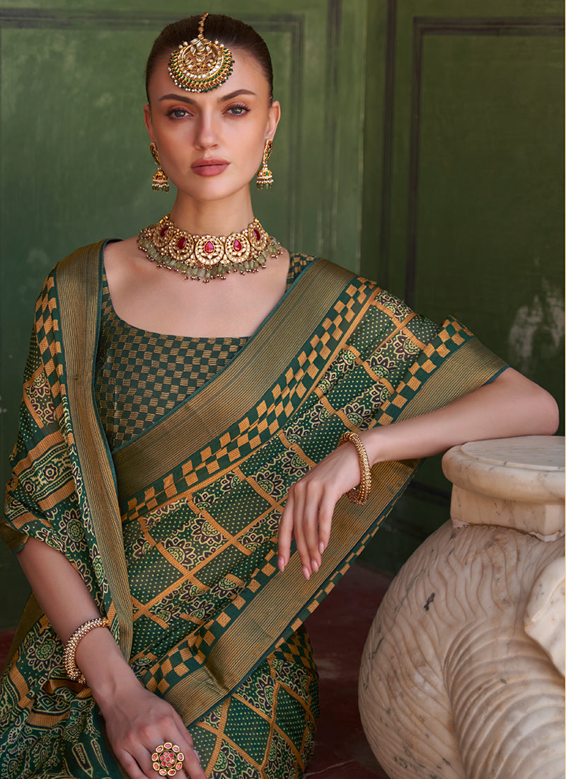 Dark Green Printed Brasso Silk Saree