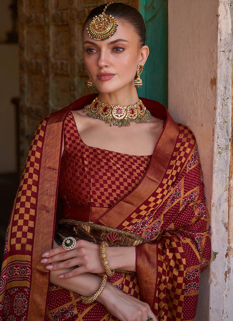 Maroon Multi Printed Brasso Silk Saree