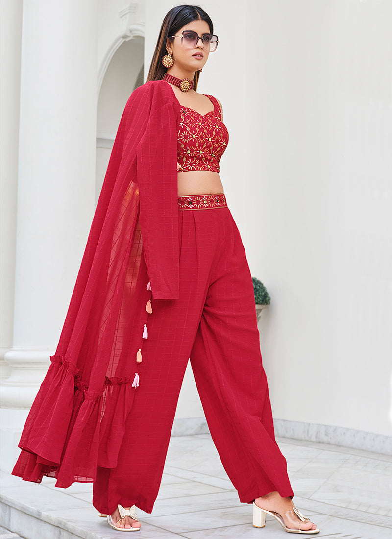 Red Mirror Work Embroidery Cape Style Co-Ord Palazzo Set