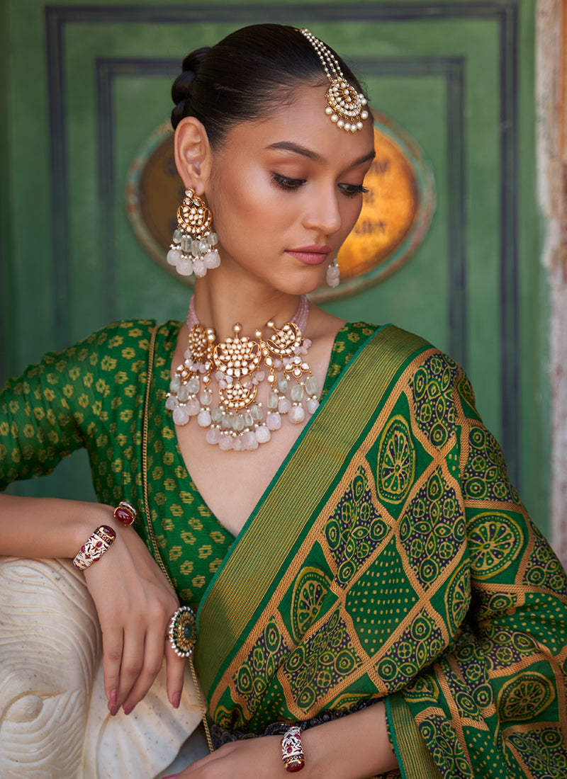 Green Multi Printed Brasso Silk Saree