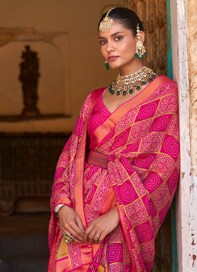 Fuchsia Pink Printed Brasso Silk Saree