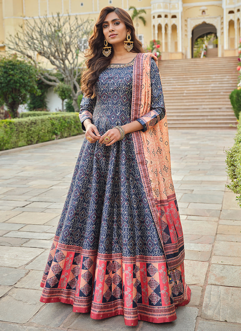 Blue Khatli Embroidered Traditional Anarkali Gown