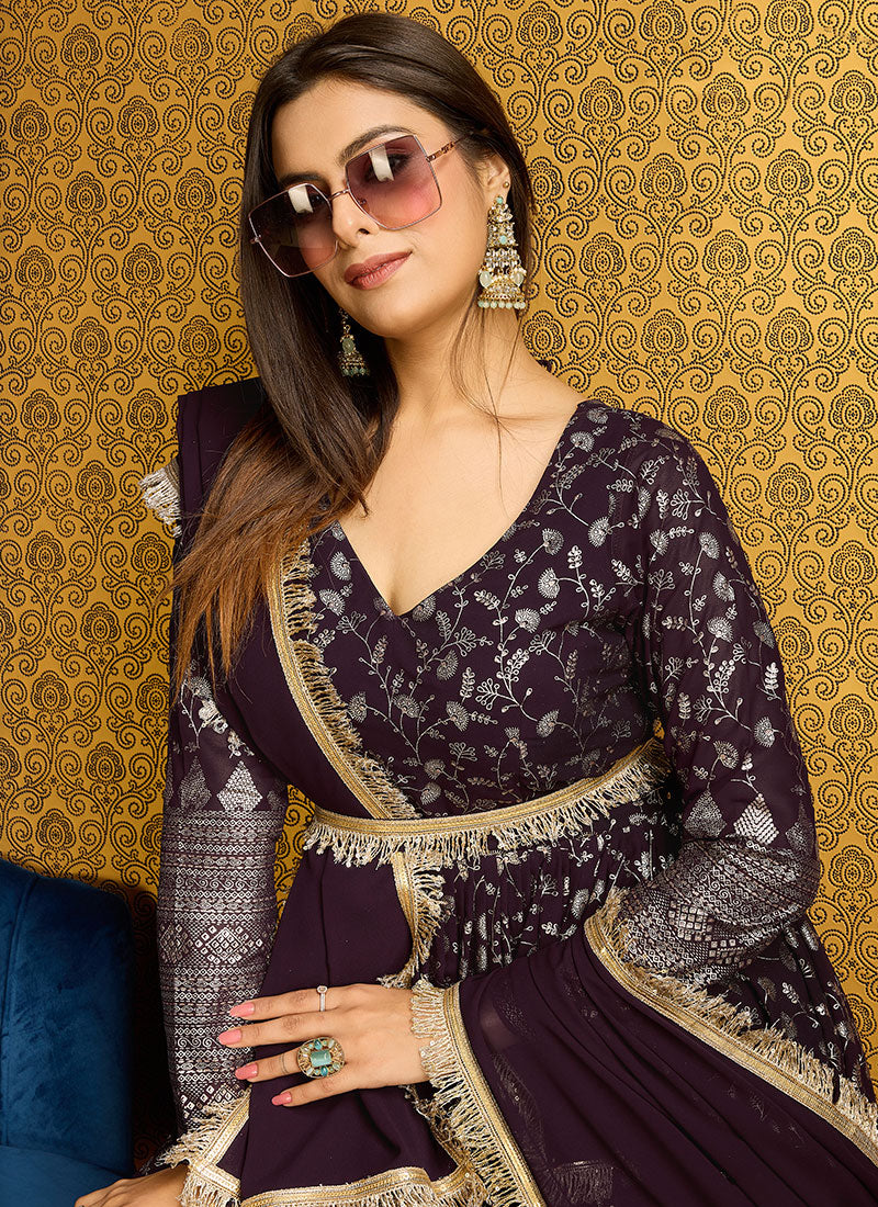 Wine Golden Foil Printed Anarkali Gown With Dupatta