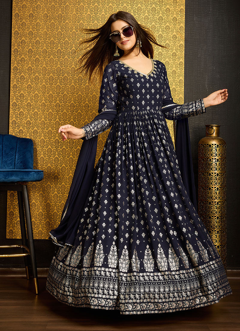 Blue Golden Foil Printed Anarkali Gown With Dupatta