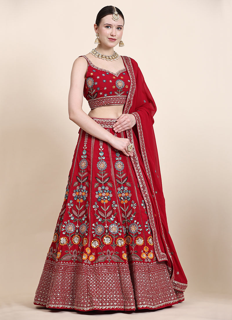 Bridal Red Multi Thread Embroidery Wedding Lehenga Choli