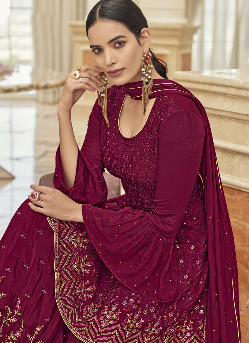 Magenta Embroidery Festive Gharara Style Palazzo Suit