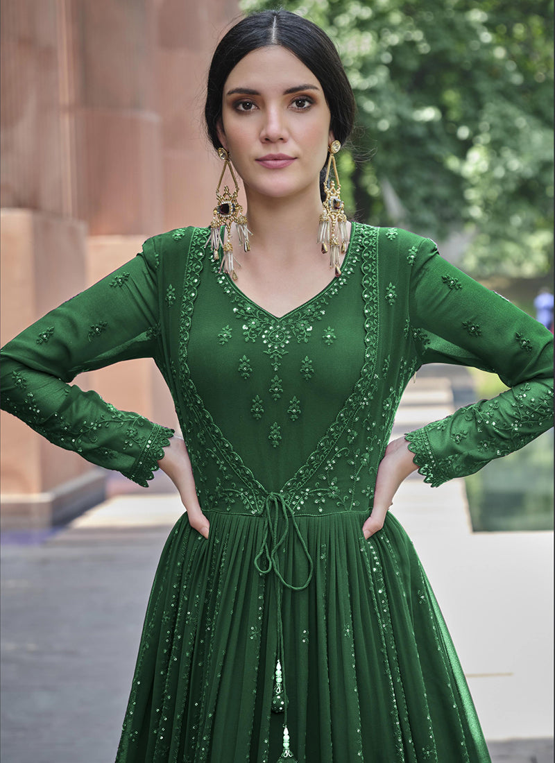 Green Sequence Embroidery Georgette Anarkali Gown