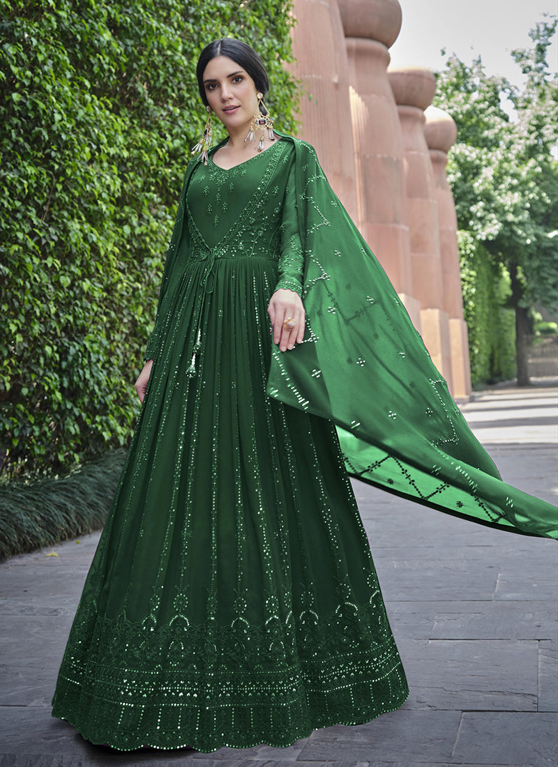 Green Sequence Embroidery Georgette Anarkali Gown