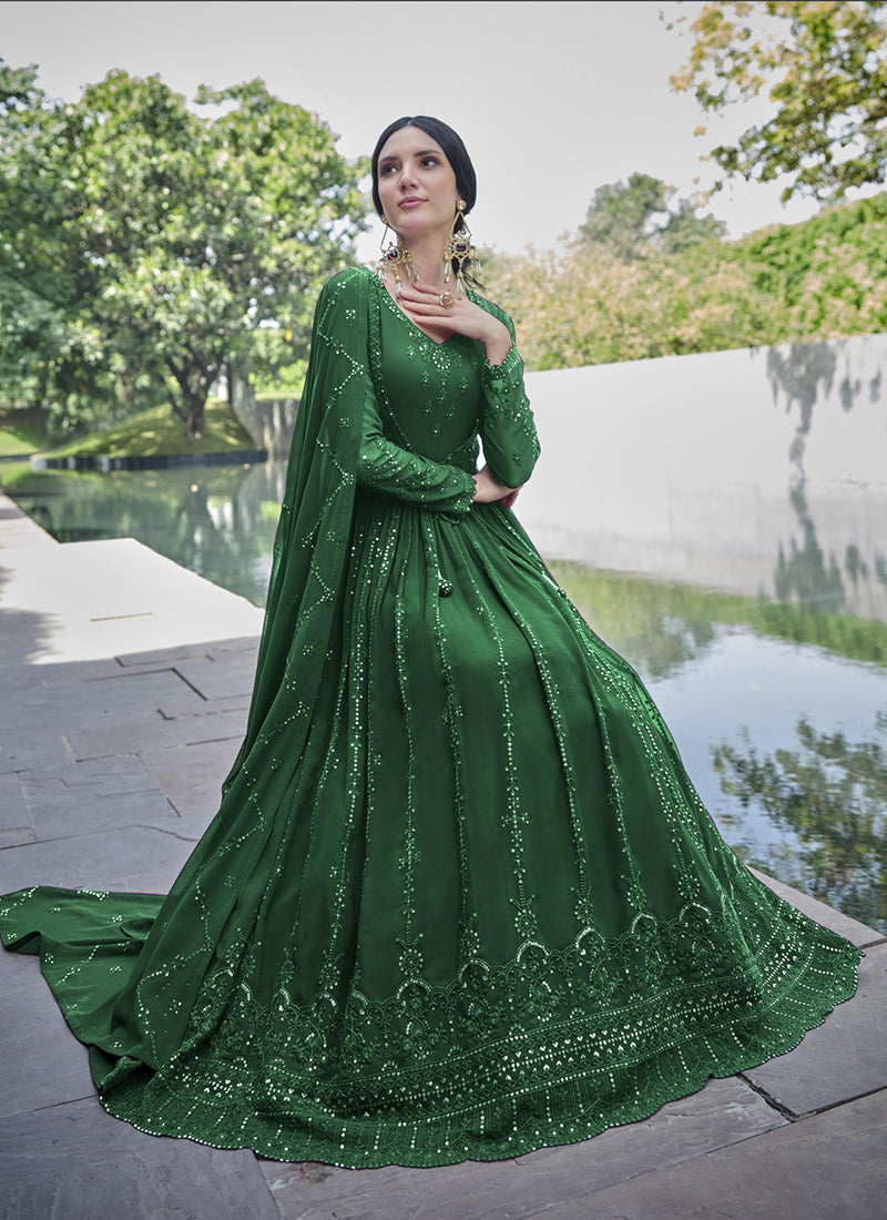 Green Sequence Embroidery Georgette Anarkali Gown