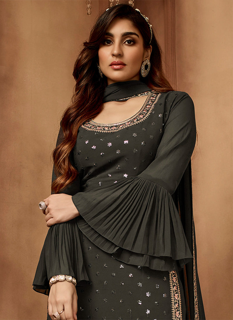 Slate Grey Sequence Embroidery Festive Sharara Style Suit