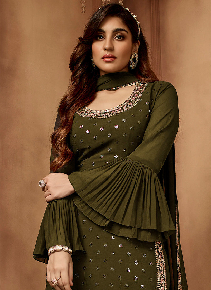 Olive Green Sequence Embroidery Festive Sharara Style Suit