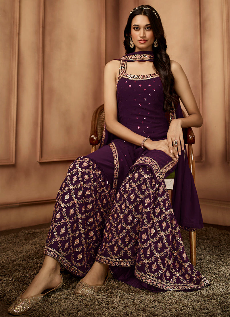 Deep Purple Sequence Embroidery Festive Sharara Style Suit