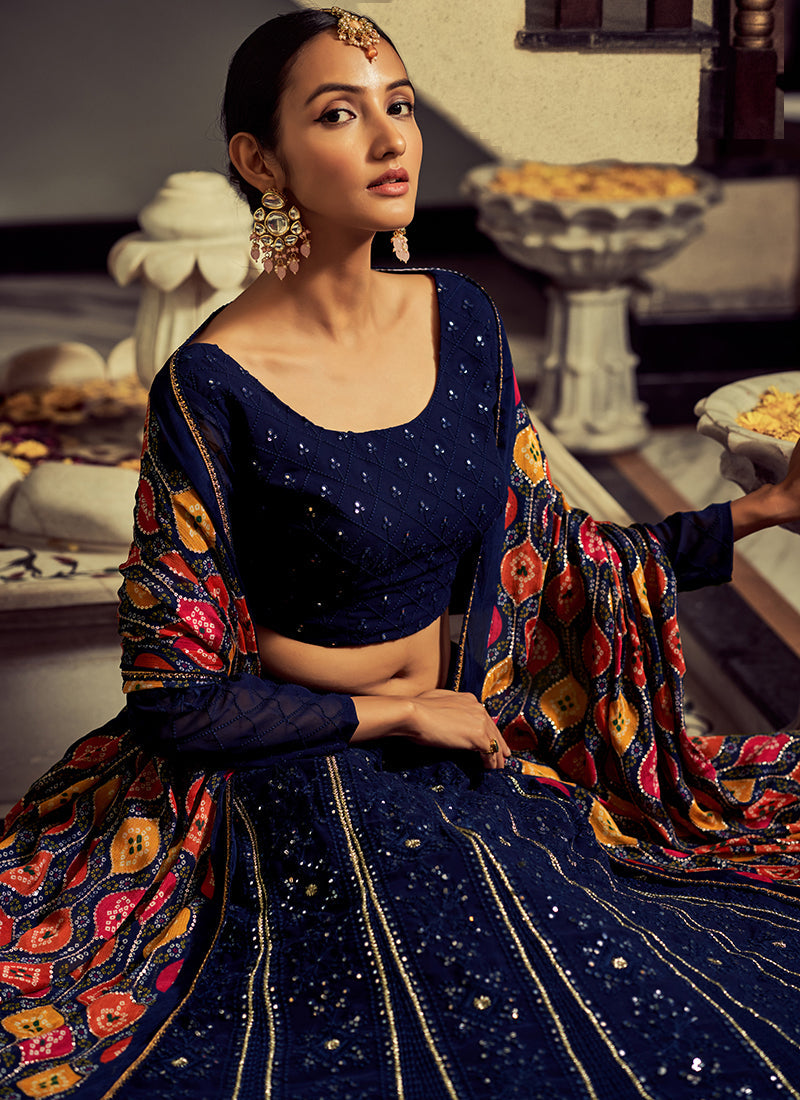 Royal Blue Mirror Work Embroidery Traditional Lehenga Choli