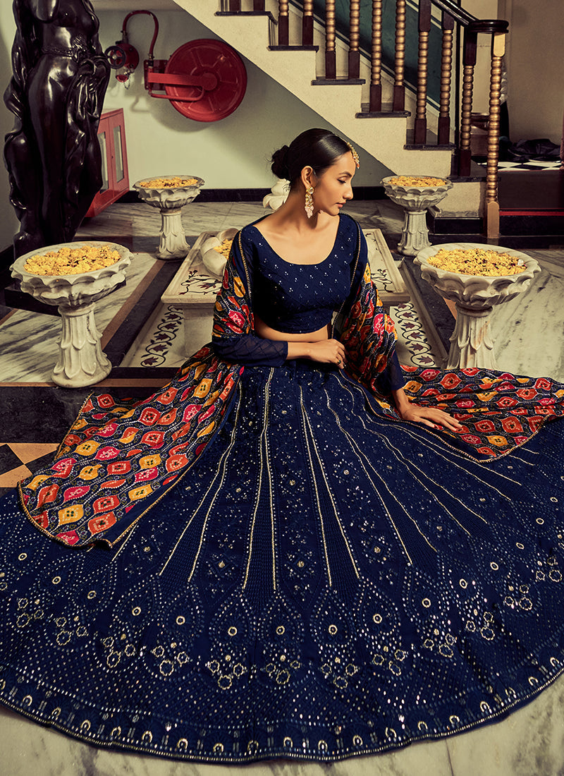 Royal Blue Mirror Work Embroidery Traditional Lehenga Choli