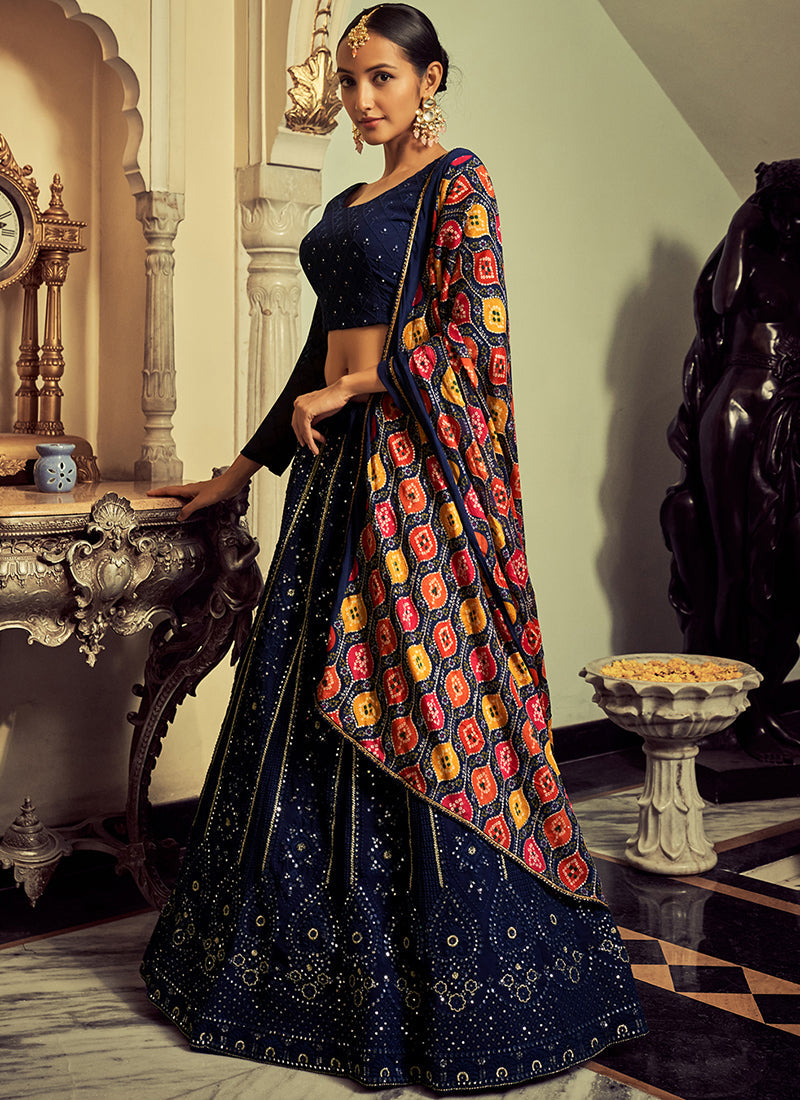 Royal Blue Mirror Work Embroidery Traditional Lehenga Choli