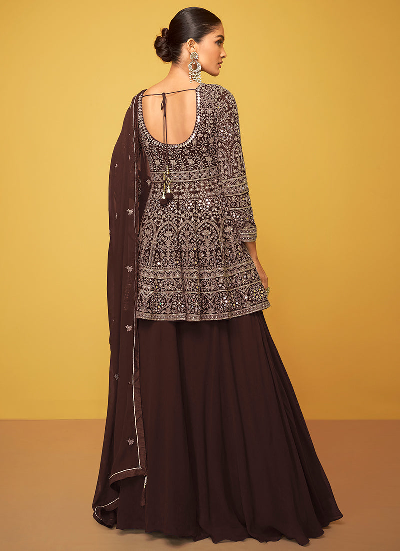 Dark Brown Embroidery Traditional Lehenga Kurti