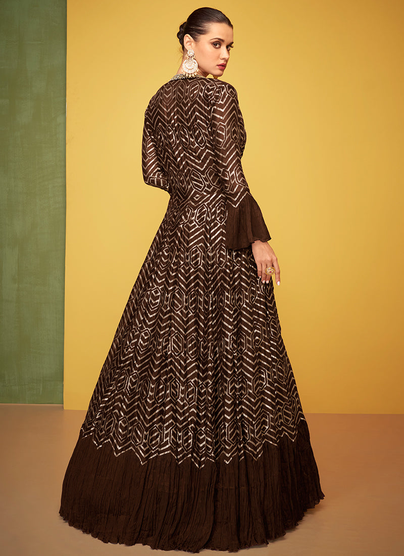 Coffee Brown Embroidery Jacket Style Anarkali Gown